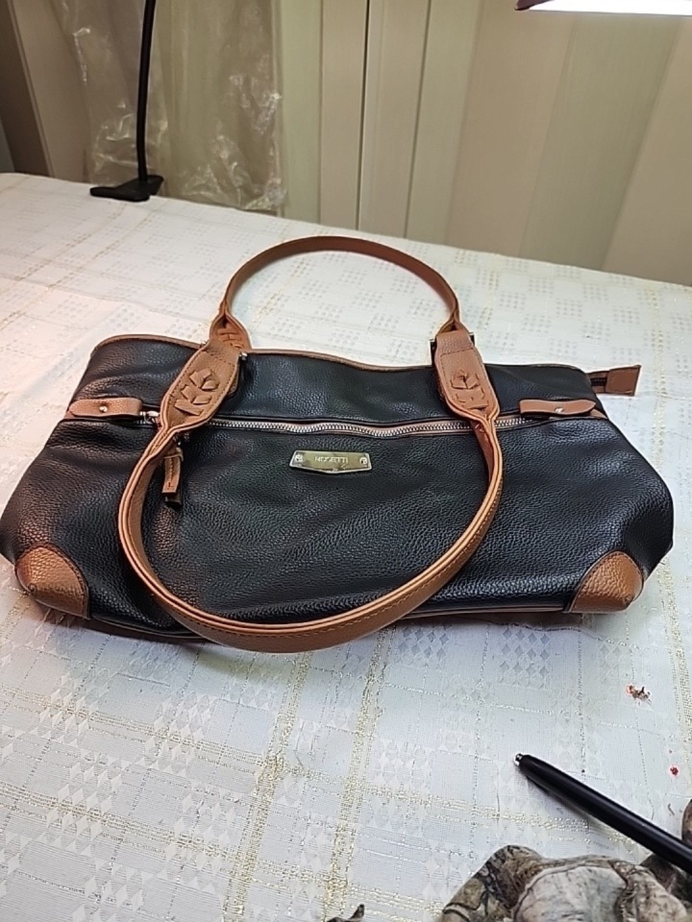 Rosetti Black Pebbled Shoulder Bag with Tan Trim